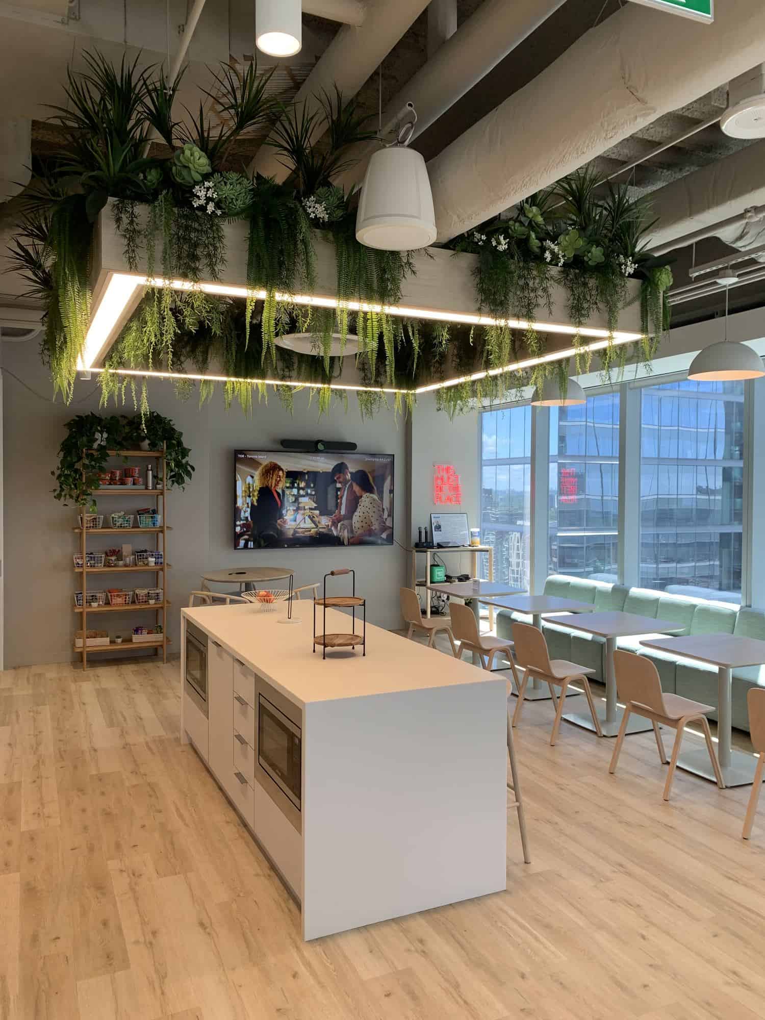 A lit ceiling planter of artificial greenery above the café counter in a Toronto office, with city windows beyond