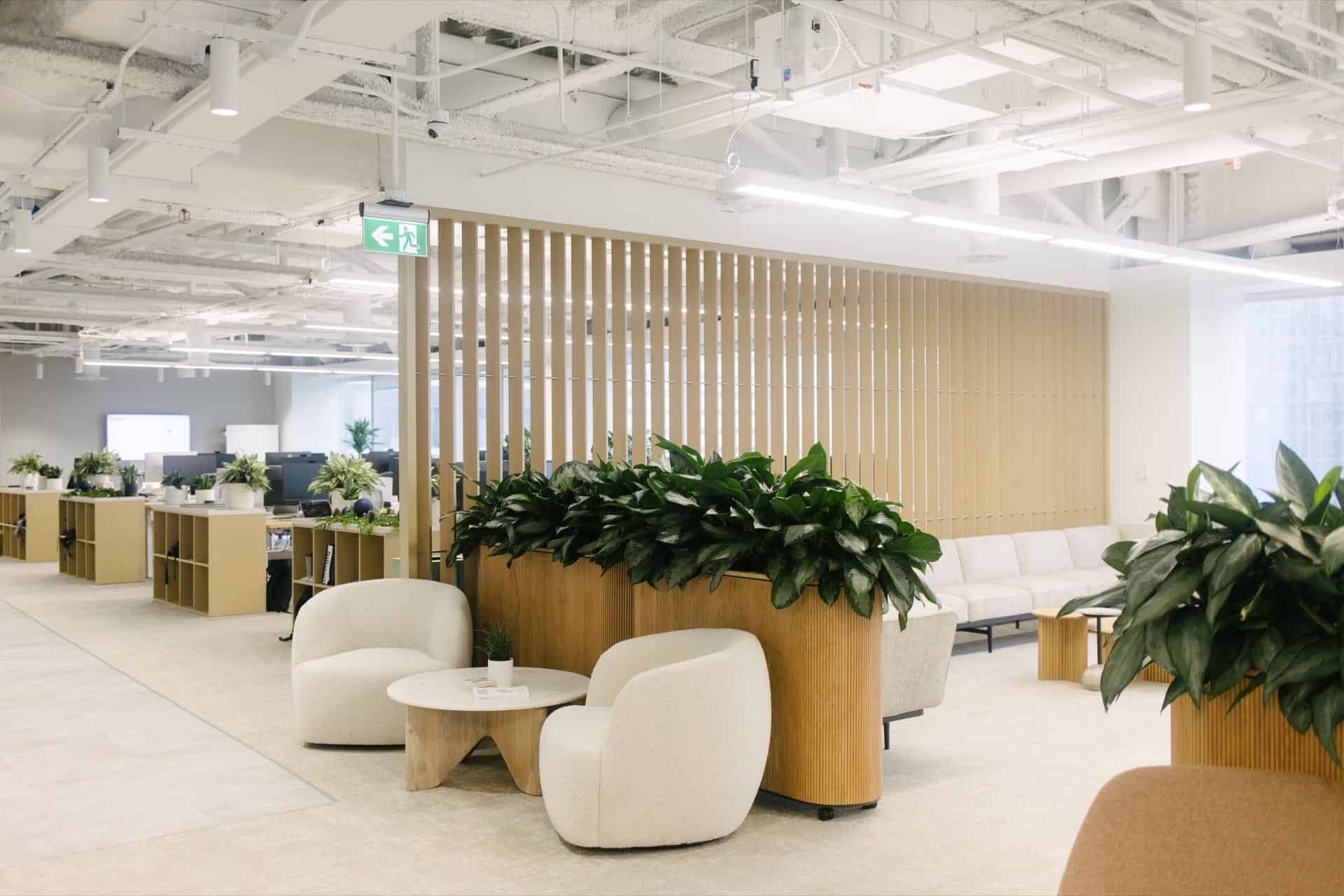 Modern Toronto office with lush green plants as natural dividers between workspaces