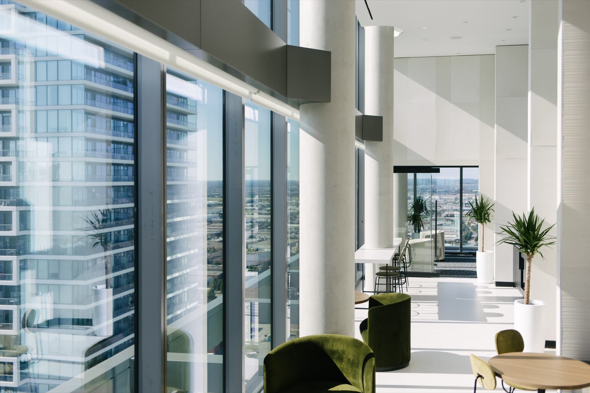 High-rise office lounge with panoramic city views and carefully placed plants