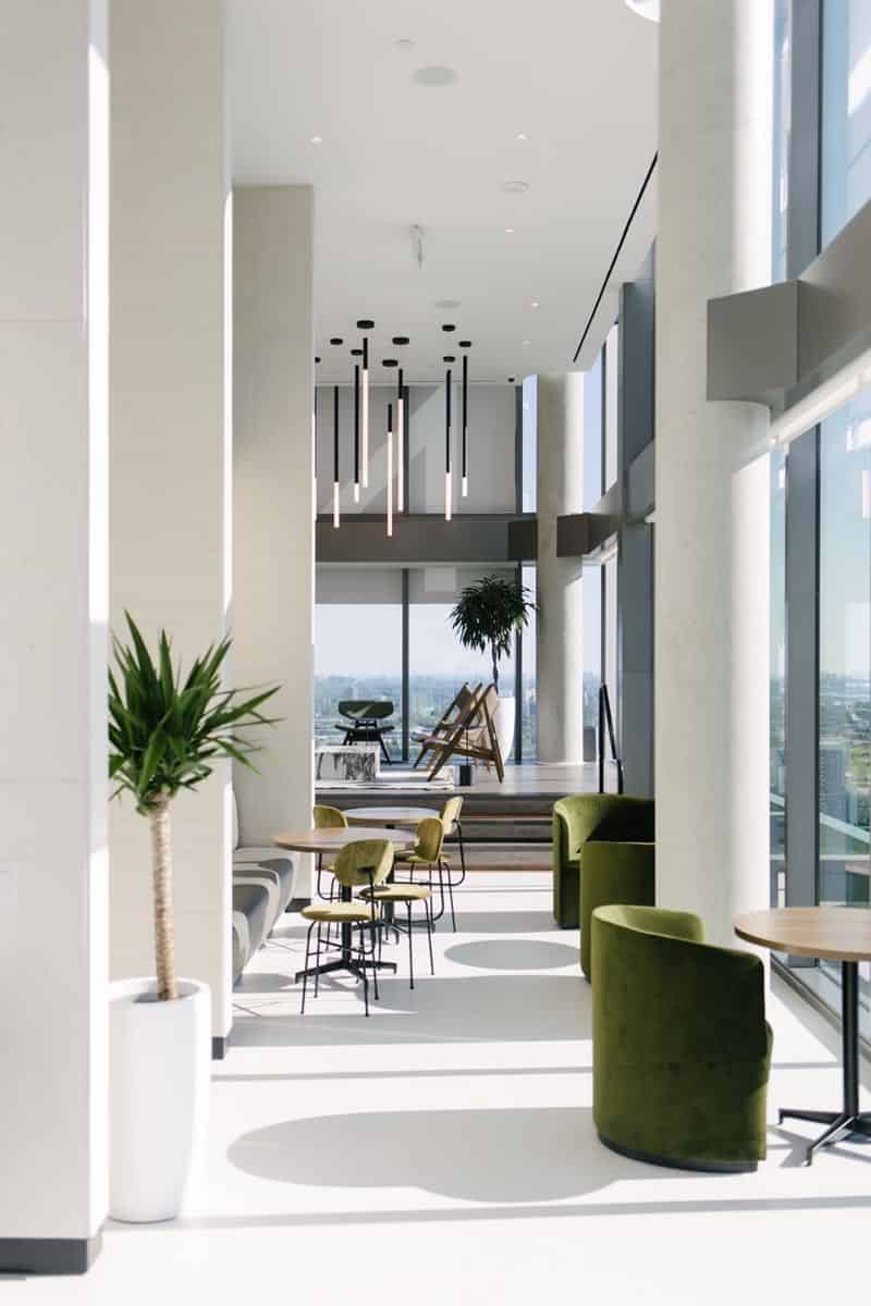 Premium office lounge with carefully placed plants and modern furniture