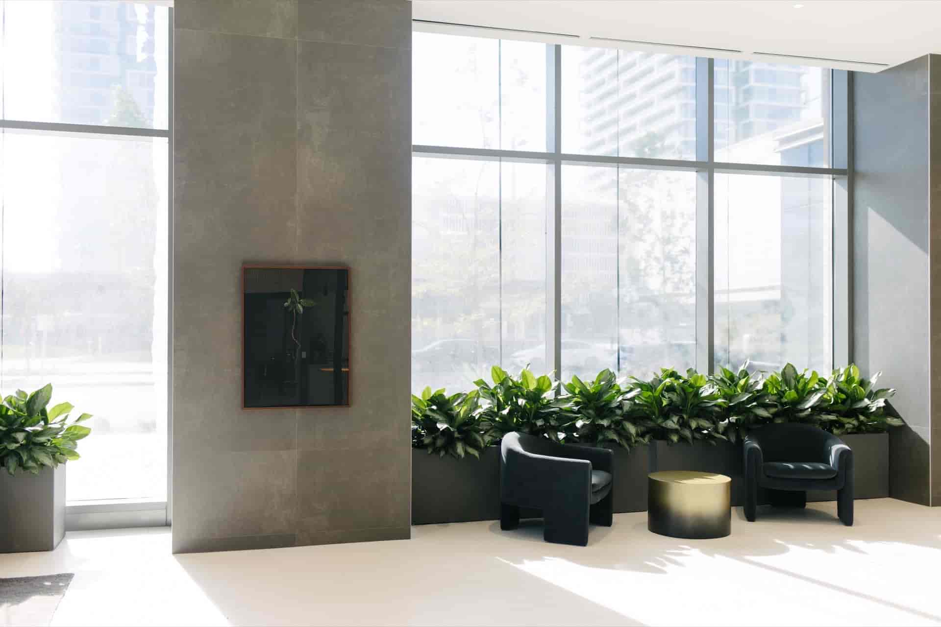 Corporate plant rental by Benji's — healthy plants in a Vancouver office lobby